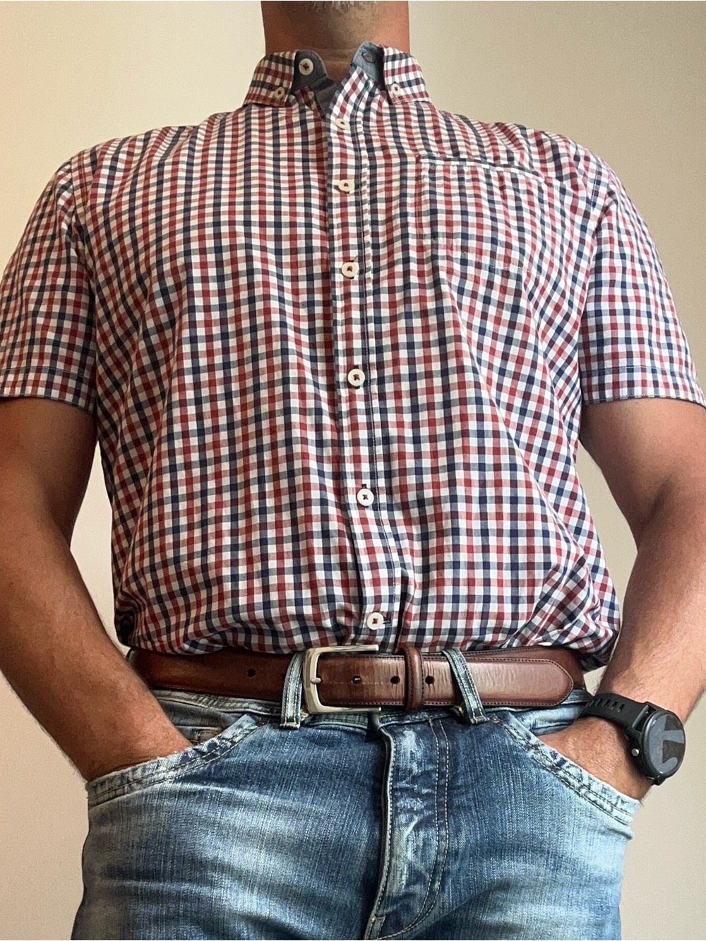 Le 31 Simons Men's Short Sleeve Semi-Fit Gingham Plaid Cotton Shirt L